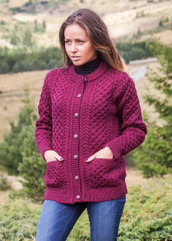 Aran Lumber Cardigan | Raspberry Marl Hooded Cardigan Collared Cardigan Shawl Collar