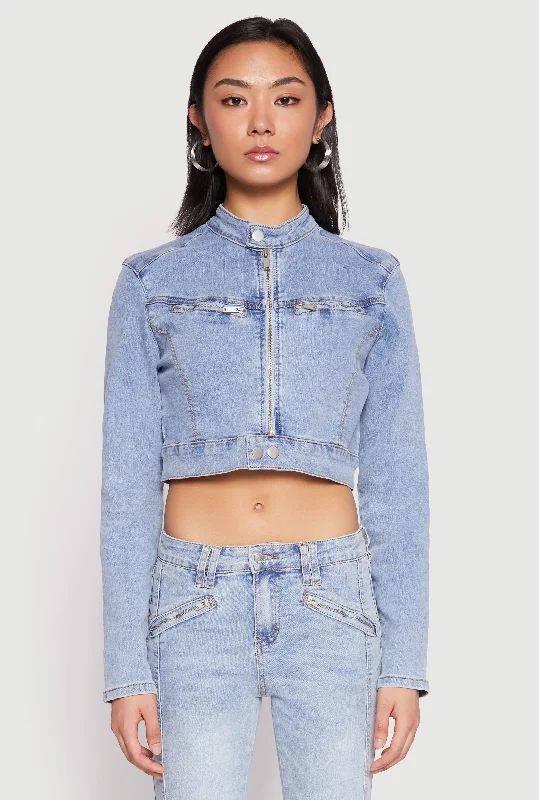 Almost Famous Denim Moto Cropped Jacket Wool Fabric Cashmere Fabric Tweed Fabric