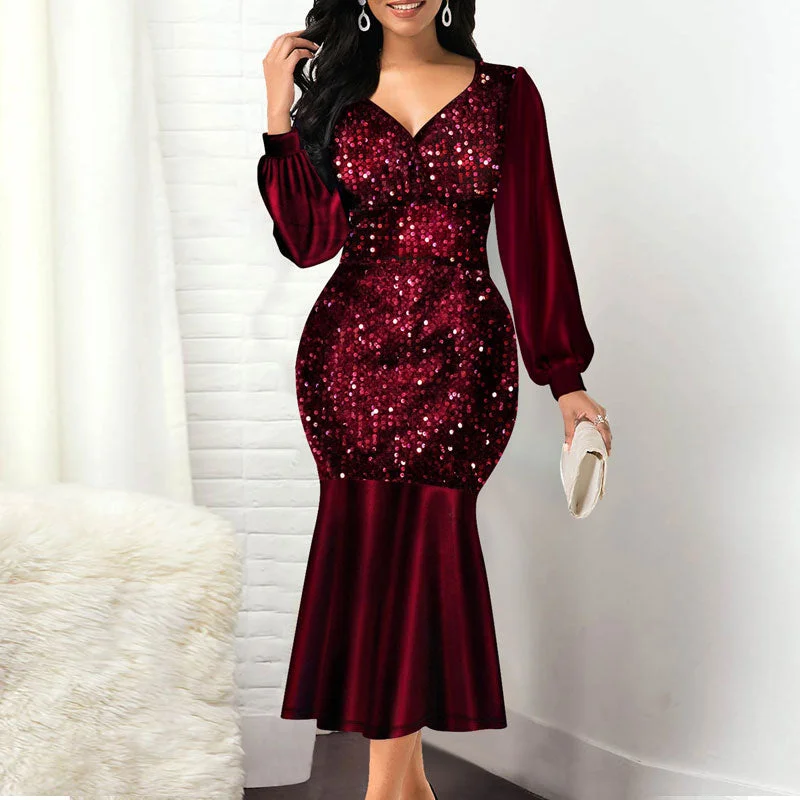 Cinessd Sequins V-Neck Long Sleeve Fishtail Party Dress Tunics Practical easy-care