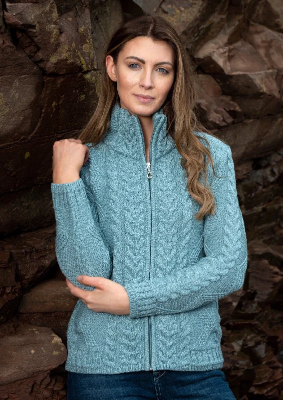 Cable Knit Aqua Aran Cardigan Notch Collar Peter Pan Collar Cowl Neck