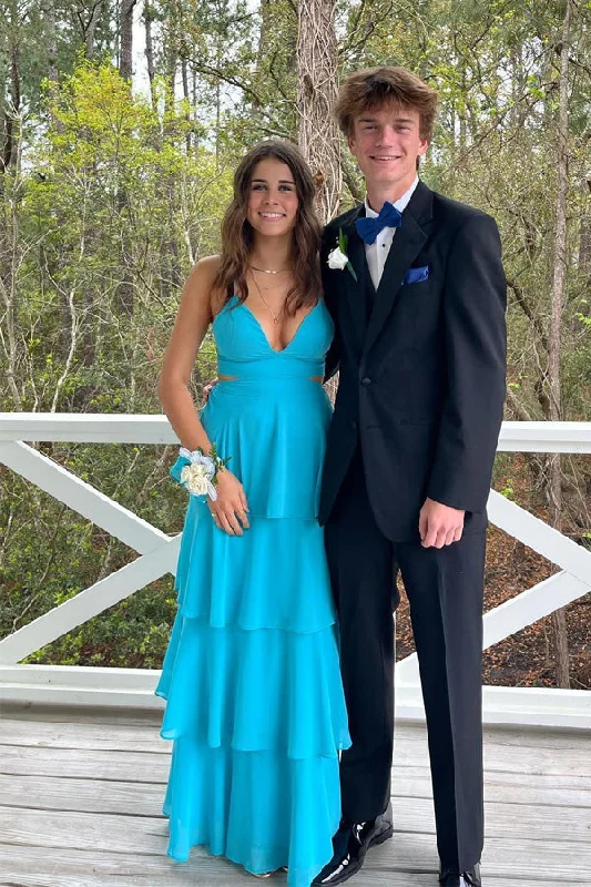 Pretty Cutouts Tiered Chiffon Blue Prom Dress Party Dress PSK610 Tunics Silk luxurious