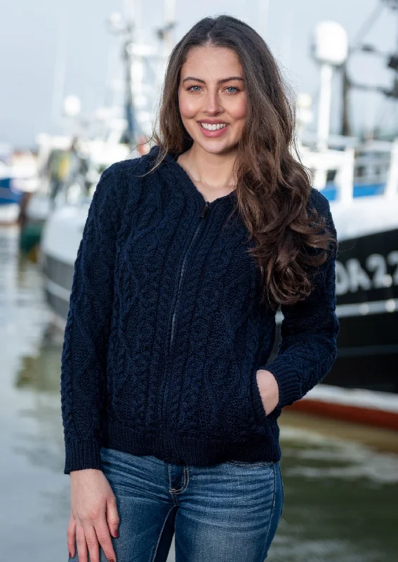 IrelandsEye Women's Aran Hooded Cardigan | Navy Notch Collar Peter Pan Collar Cowl Neck