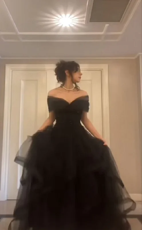 Black Off Shoulder A-Line Tulle Party Dress Formal Prom Dress, DP2840 Satin Halter Glamorous