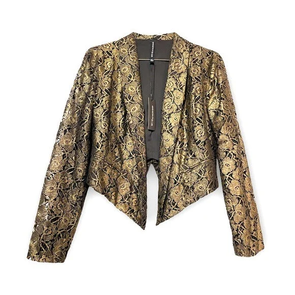 WALTER BAKER Gold Lamè Lace KHLOE JACKET  |Size: Medium| Herringbone Jacket Checkered Jacket Solid Jacket