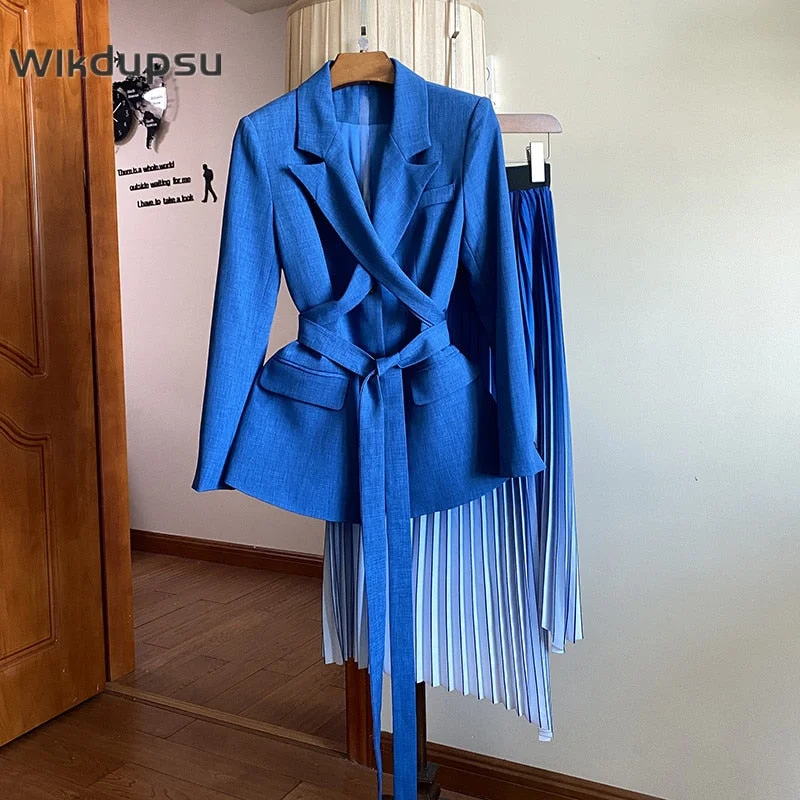 Suit Jacket Long Pleated Skirt Set Womens Blazer Two Piece Suit Set Formal Office Lady Casual 2022 Autumn Winter Clothing Female Print Jacket Jacquard Jacket Patchwork Jacket