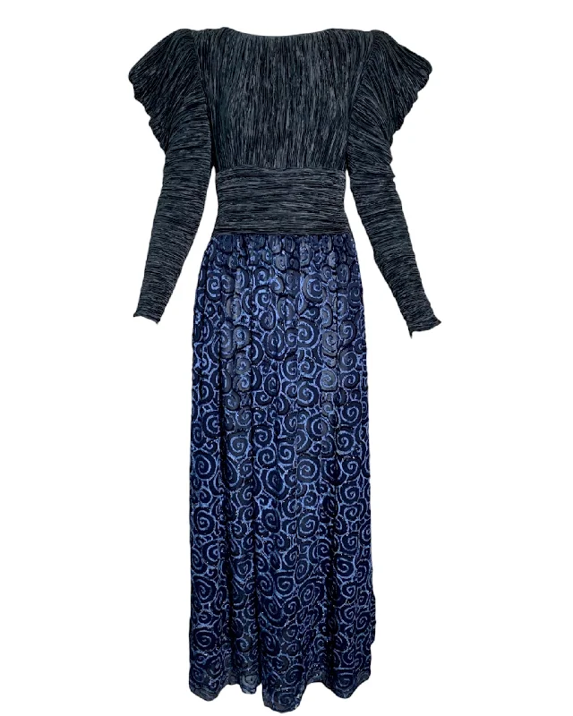 Mary McFadden 80s Blue Pleated Gown with Cut Velvet Skirt. spandex blend skirt