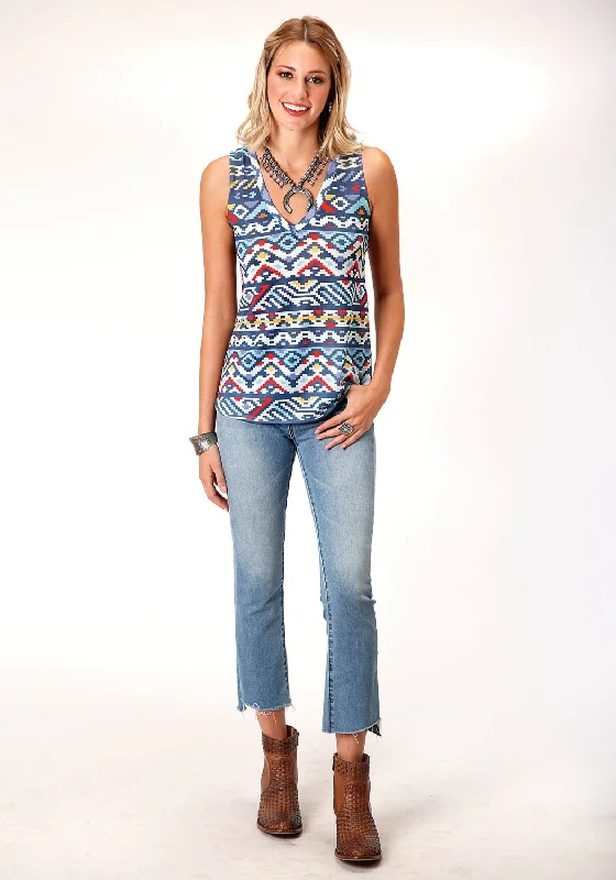 Roper Womens Multi-Color Polyester Aztec Knit S/L Tank Top white tank top