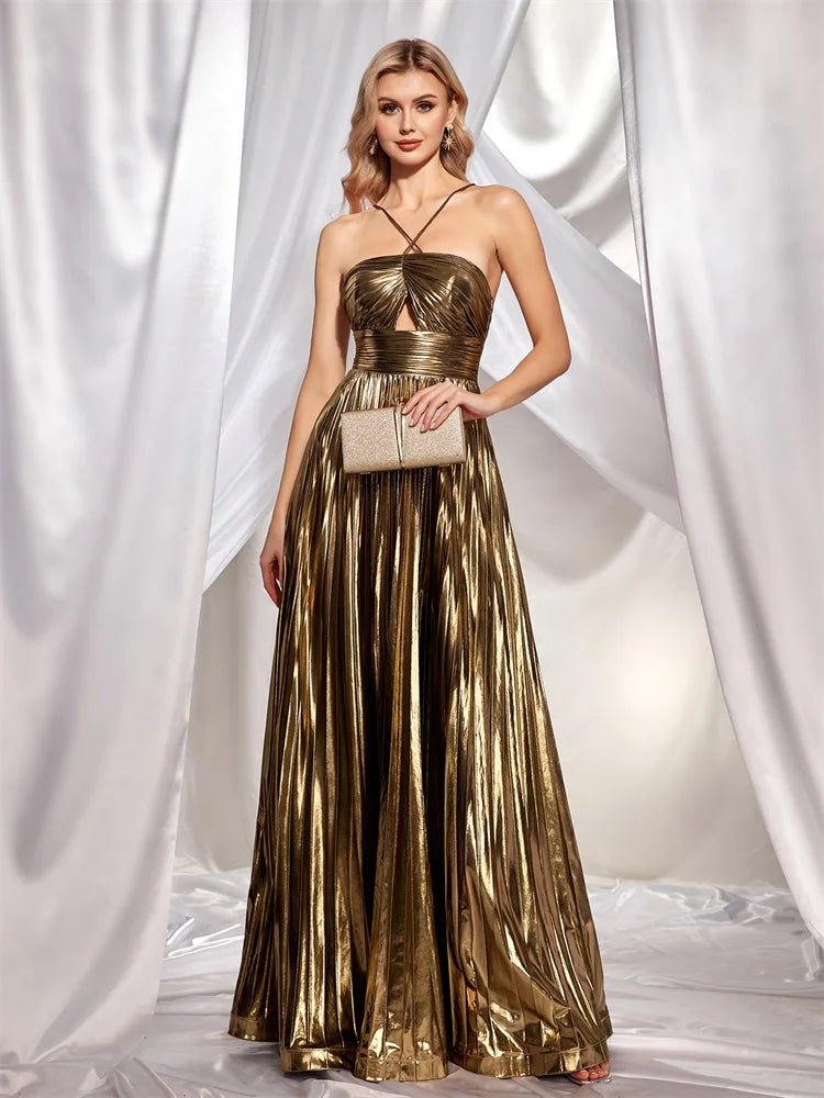 Gold Spaghetti Straps Pleated Metallic Satin Party Dress A-Line Day Work