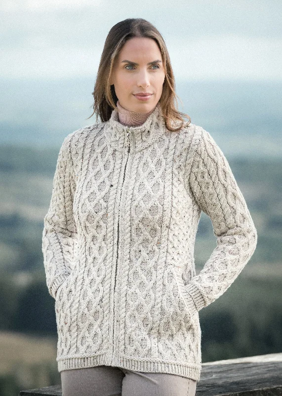 Aran Crafts Plated Zip Cardigan | Oatmeal Transparent Opaque Sheer
