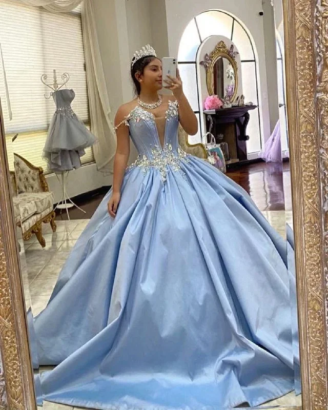 Light Blue Crystal Ball Gown Quinceanera Dresses Off The Shoulder Satin Formal Prom 15th Princesss Party Dress Crew Neckline Casual