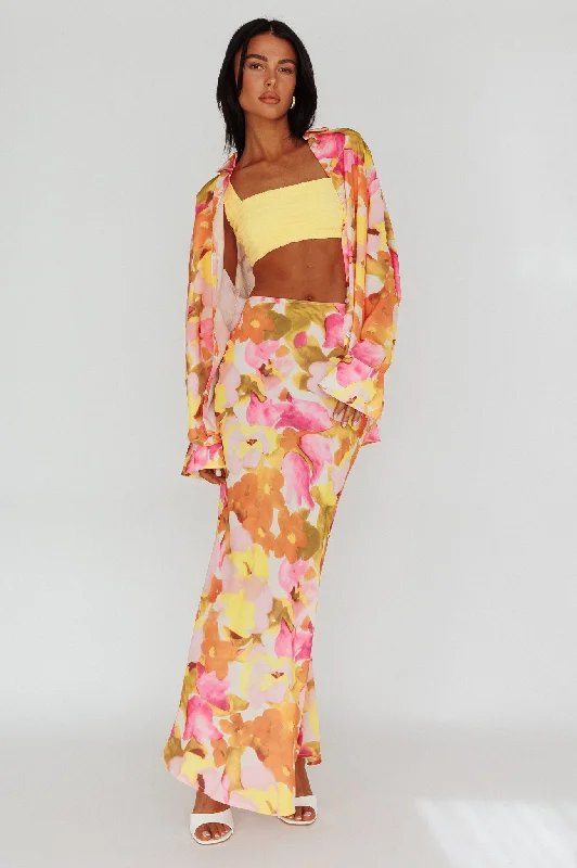 Vacation Midi Skirt Floral Pink/Yellow chiffon skirt airy