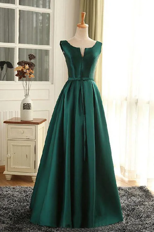 Scoop Neck Dark Green Satin Long Prom Dress Party Dress PSK025 Tunics Running lightweight