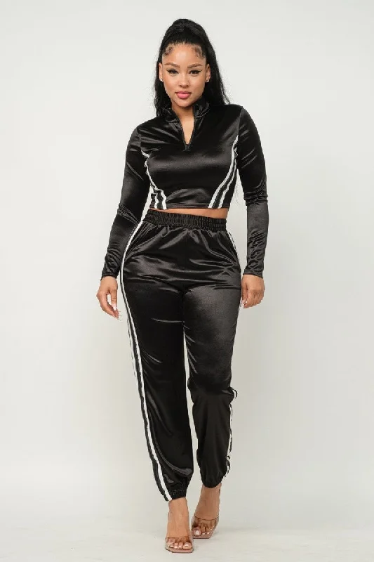Sporty Front Zip Up Stripes Detail Jacket And Pants Outfit Set - 3 colors Satin Fabric Silk Fabric Chiffon Fabric