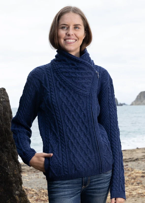 Claddagh Side Zip Aran Cardigan | Blue Long Cardigan Short Cardigan Medium Cardigan