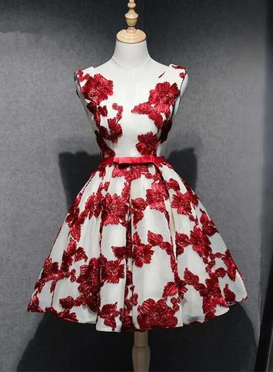 Red and White Short Homecoming Dress, Lace-up Back Party Dress, Pretty Formal Dress Tunics Prom sequined