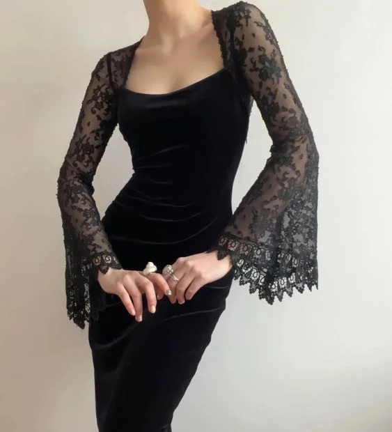 Black Lace Long Sleeves Velvet Long Party Dress Special Occasion Dress, DP2800 Off-the-shoulder Bohemian Festive