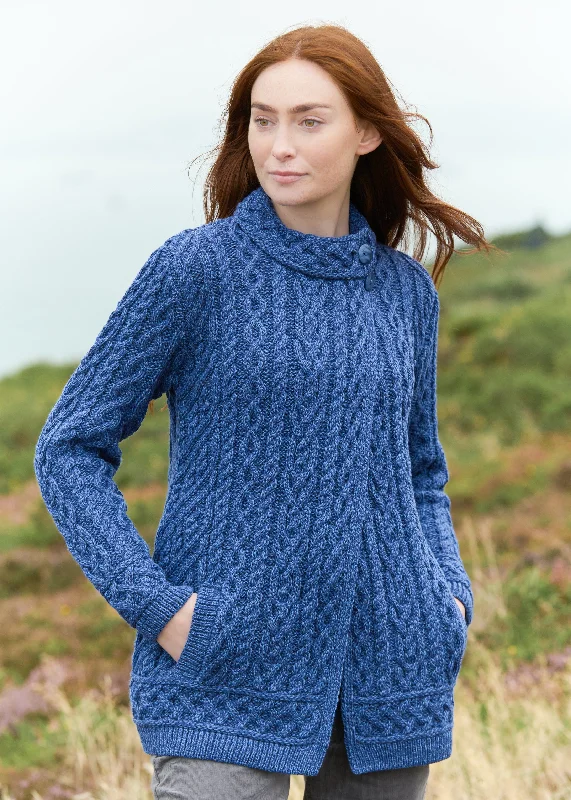 Side Button Aran Cardigan | Blue Fitted Loose Oversized