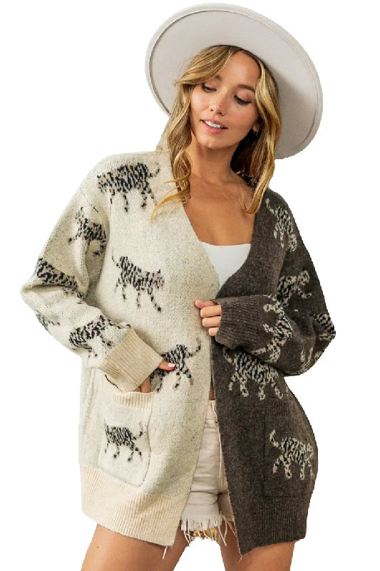 BiBi Wild Cat Knit Color Contrast Open Front Long Sleeve Patch Pocket Cardigan Slim Fit Regular Fit Oversized