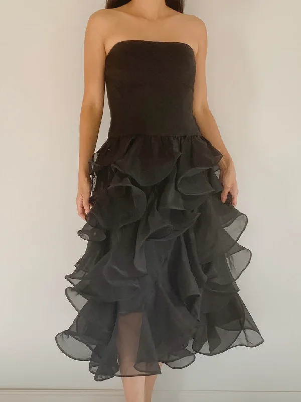 Black Strapless Ruffles Classy Evening Party Dress, DP2597 Off-the-shoulder Chic Trendy