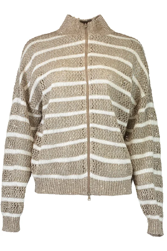 Dazzling Striped Net Cardigan Welt Pockets Slit Pockets Flap Pockets