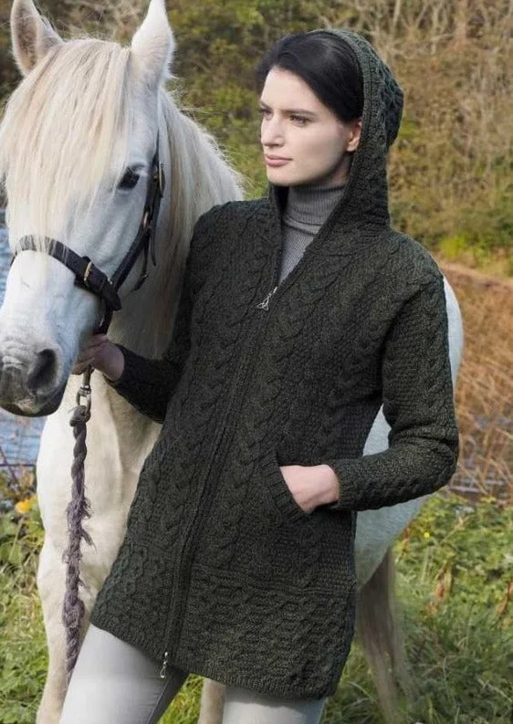 Aran Hooded Celtic Knot Zipper Cardigan | Green Cable Knit Ribbed Knit Lace Knit