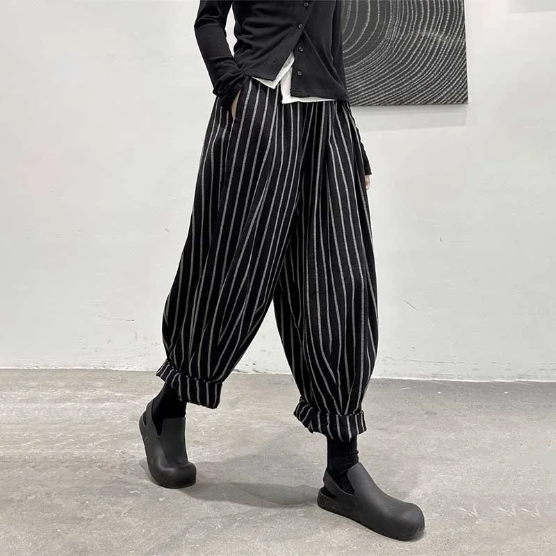 Dark Thick Striped Casual Pants Chic Checkered Pants
