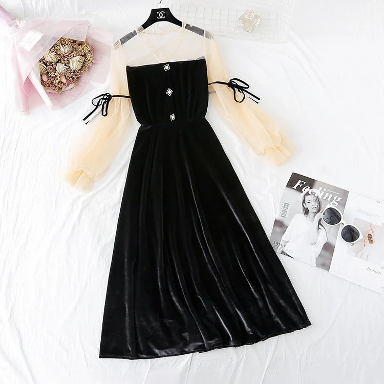 Vintage mesh stitched golden velvet skirt fairy super fairy series  4034 velvet skirt sumptuous