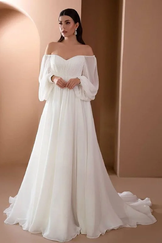 White Off the Shoulder Long Sleeves A-Line Wedding Party Dress Tunics Designer luxury