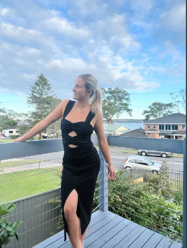 Classy Black Straps Cut Out Evening Party Dress Cocktail Dress, DP2420 Tunics Long Elegant