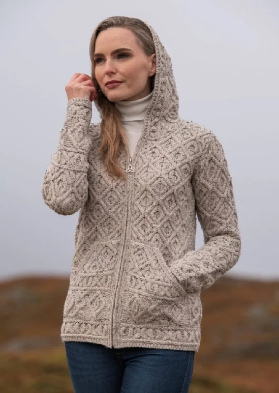 Skellig Aran Zip Cardigan With Hood | Oatmeal Fleece Cardigan Nylon Polyester