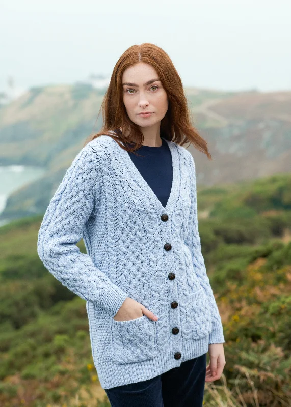 Adare Boyfriend Aran Cardigan | Ice Marl Houndstooth Herringbone Solid
