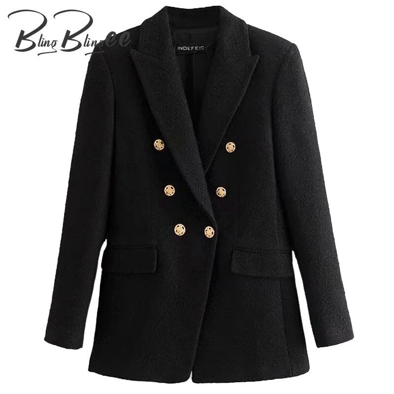 BlingBlingee Za 2022 Autumn Winter Woman Traf Coats OL Style Slim Blazers Ornate Buttons Female Casual Tweed Woolen Long Jacket Satin Jacket Silk Jacket Chiffon Jacket