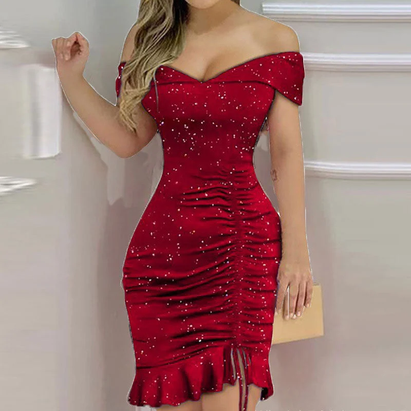 Cinessd Glitter Off Shoulder Drawstring Party Dress Tunics Lace romantic