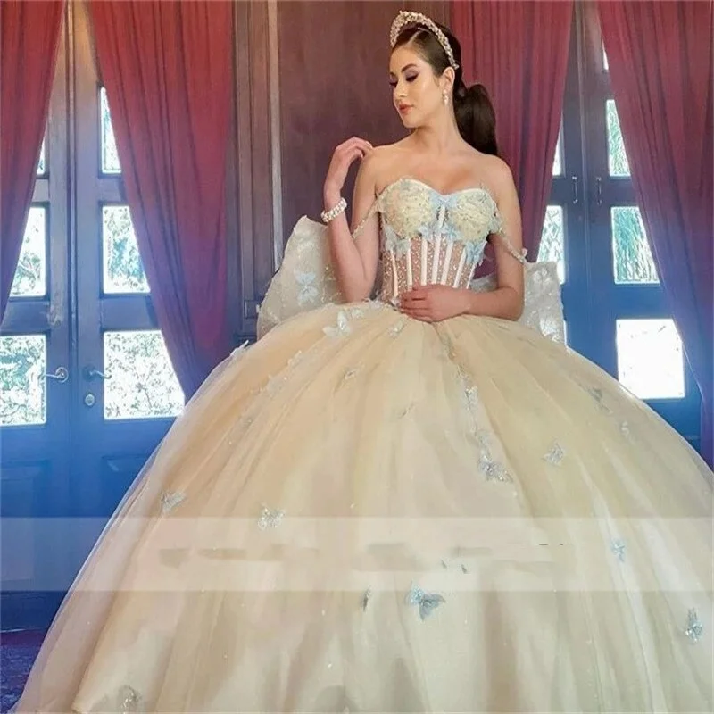 New Arrival Princess Ball Gown Quinceanera Dresses 3D Butterfly Appliques Bow Birthday Prom Party Dress For 15th Girls Tunics Leisure comfortable