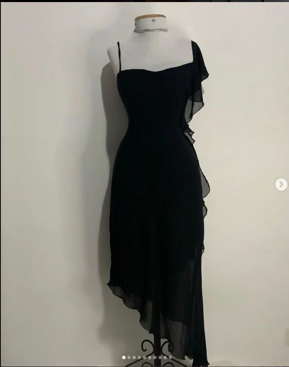 Black Straps Formal Midi Party Dress Cocktail Dress with Ruffles, DP3066 Tunics Versatile stylish