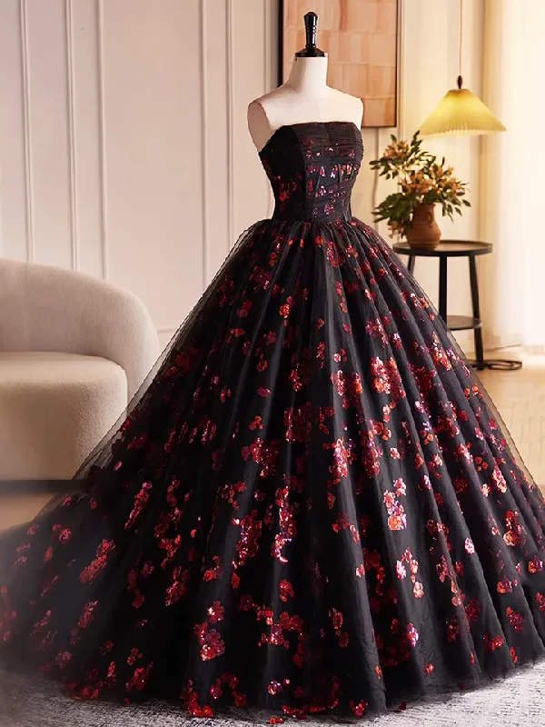 Black Tulle and Red Sequins A-Line Strapless Formal Party Dress Evening Gown, DP2479 Turtleneck Warm Winter