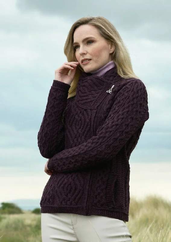 Aran Shannon Side Zip Cardigan | Plum Front Pockets Side Pockets Patch Pockets