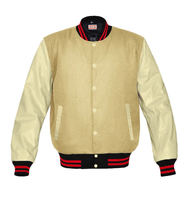 Original American Varsity Real Cream Leather Letterman College Baseball Women Wool Jackets #CRSL-RSTR-CB-Bband Cotton Fabric Linen Fabric Terry Fabric
