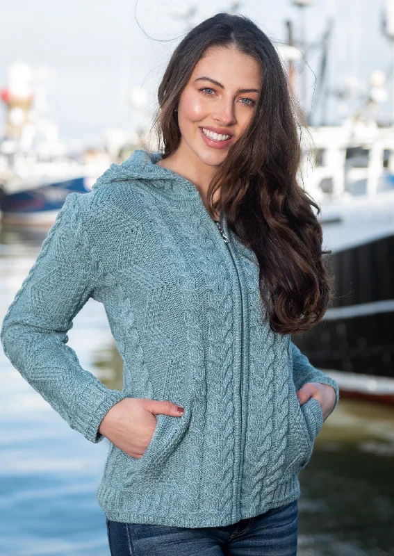 Aran Aqua Hooded Cardigan Soft Cozy Warm