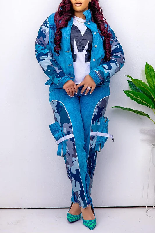 Stylish Camo Print Panel Jacket Collared Jacket Crew Neck Jacket Turtle Neck Jacket
