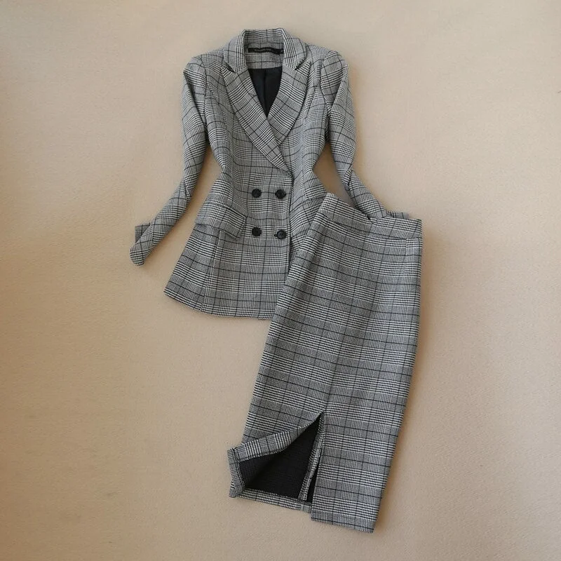 2022  Winter Women's Suits Skirt Set Slim-fit Double-breasted Plaid Ladies Jacket Casual High Waist Skirt Two-piece Cardigan Sweater Pullover