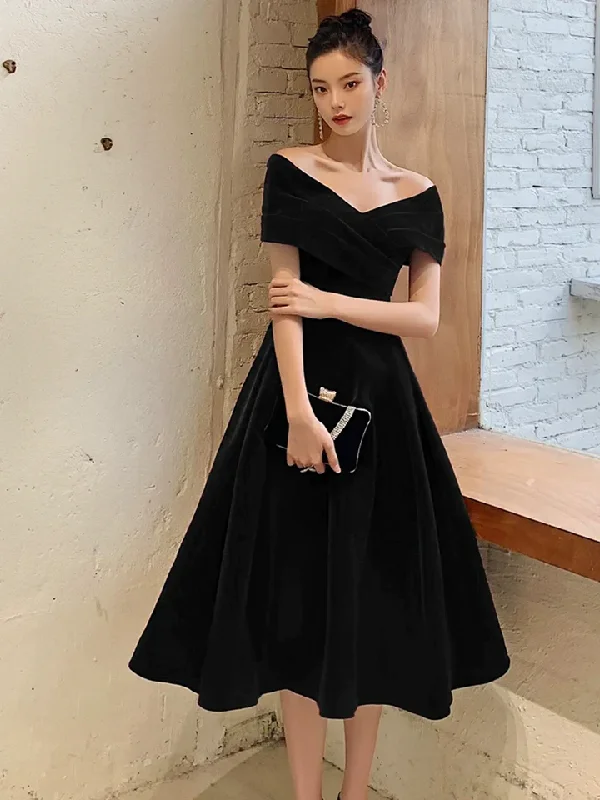 Black Off Shoulder Velvet Knee Length Formal Prom Dress Evening Party Dress,DP1732 Tunics Versatile stylish