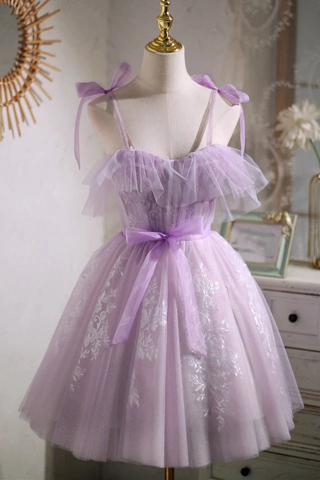 Cecelia | Sweet Purple A-line Short Party Dress Homecoming Dress with Ribbon Tunics Bridal satin