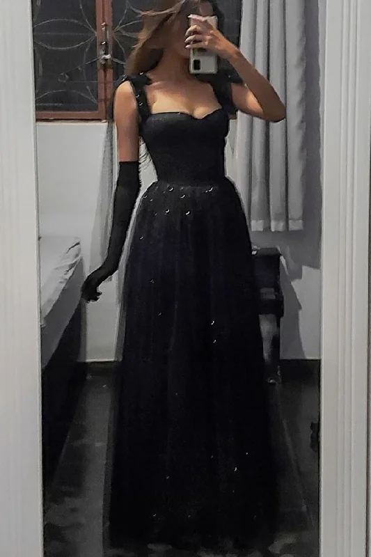 Black Straps A-Line Tulle Elegant Long Party Dress, DP2701 A-Line Day Work