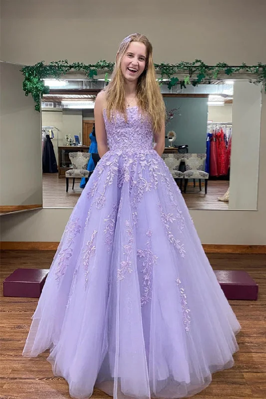 A-line Round Neck Tulle Lilac Long Prom Dress Party Dress PSK666 Tunics Short Trendy