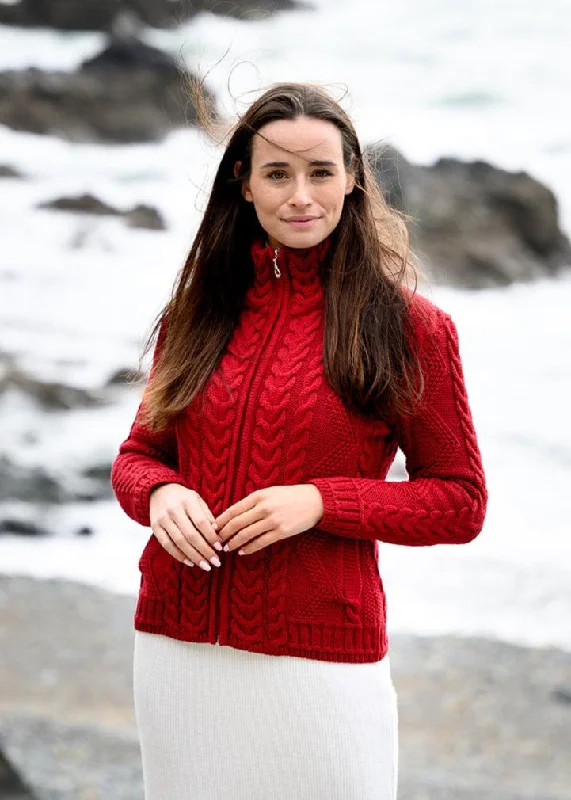 Cable Knit Aran Cardigan | Red Elasticated Padded Insulated