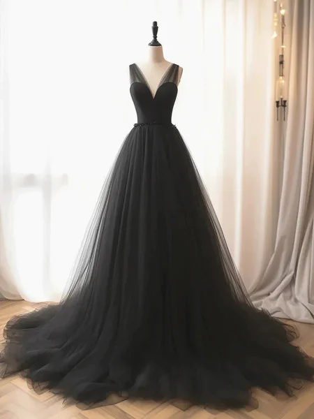 Black V Neck A-Line Tulle Formal Party Dress Evening Gown, DP2258 Tunics Polka dots
