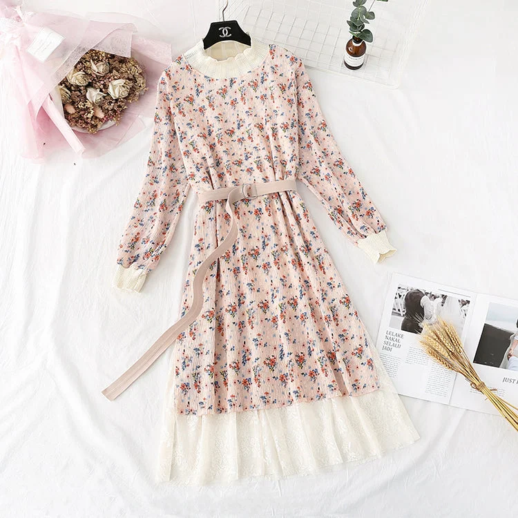 Printed French retro pleated slim waist skirt  3967 wool skirt warm