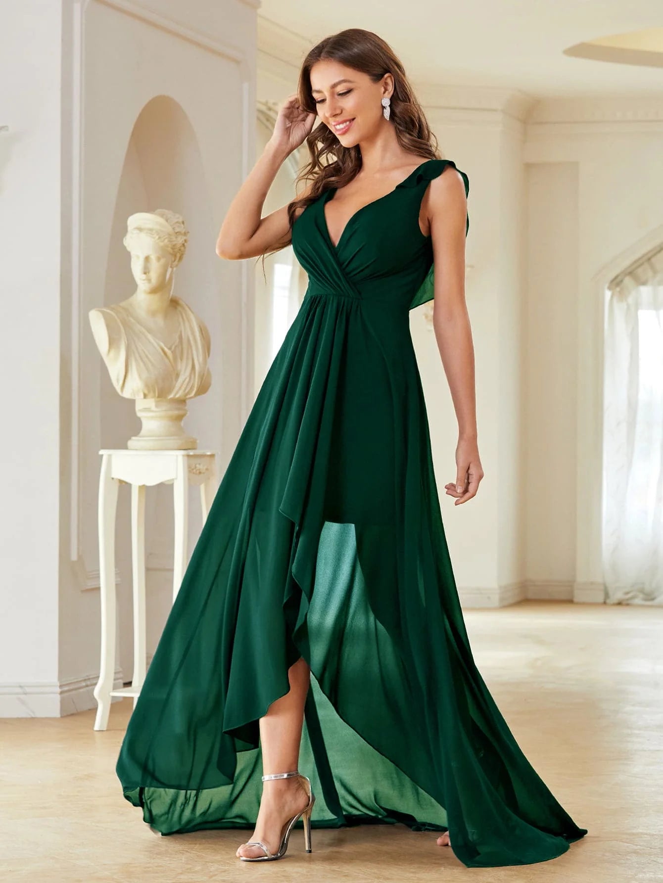 High Low Style Chiffon Front Ruffle Trim Party Dress Shift Classic Vintage