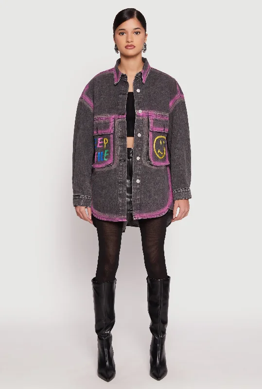 Daisy Keep Smile Oversized Denim Jacket Collared Jacket Crew Neck Jacket Turtle Neck Jacket